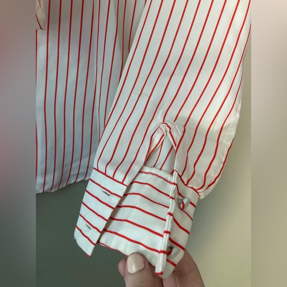 Vintage Le Soft Red & White Striped Button Down Tie Neck Top S - Picture 5 of 9